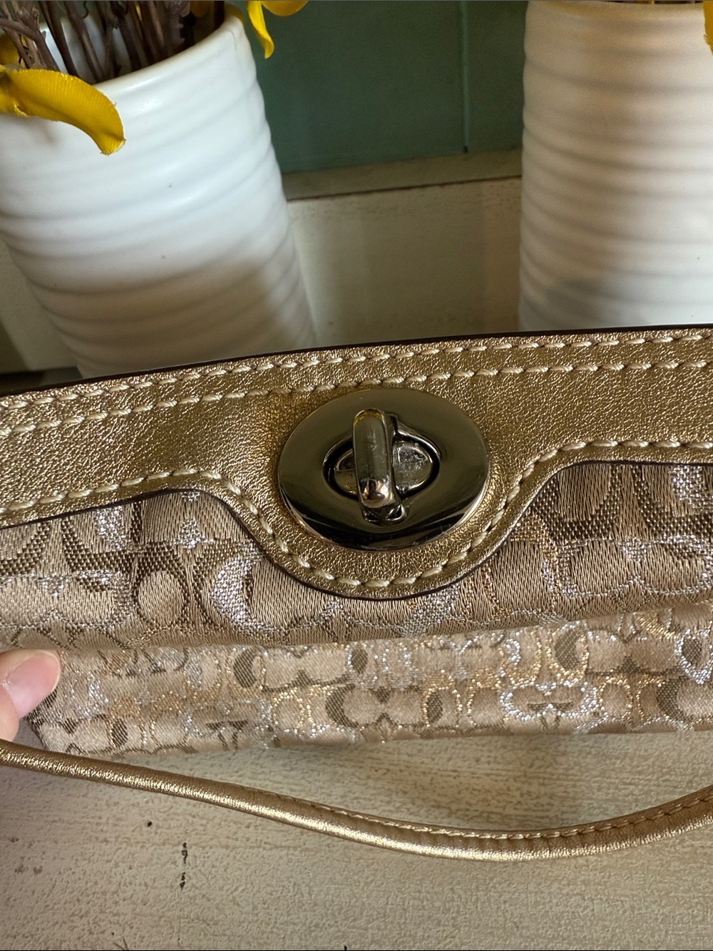 Coach y2k Gold Signature Jacquard Shoulder Bag with Floral Charm - Picture 6 of 14